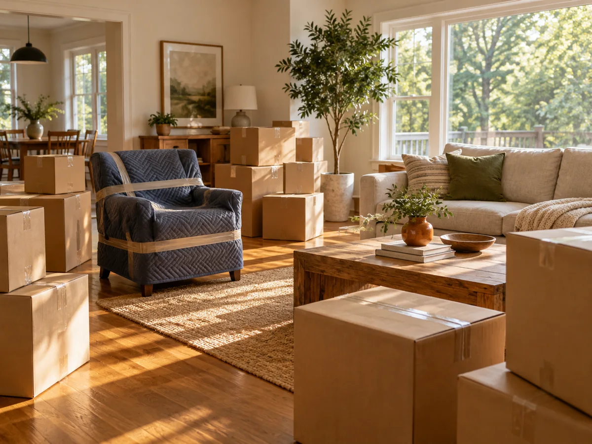 Carefully packed moving boxes in a sunlit living room